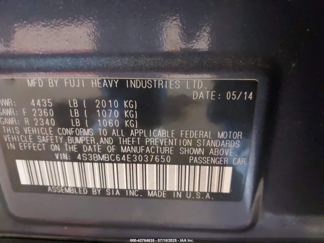 4S3BMBC64E3037650 Subaru 2.5na u5