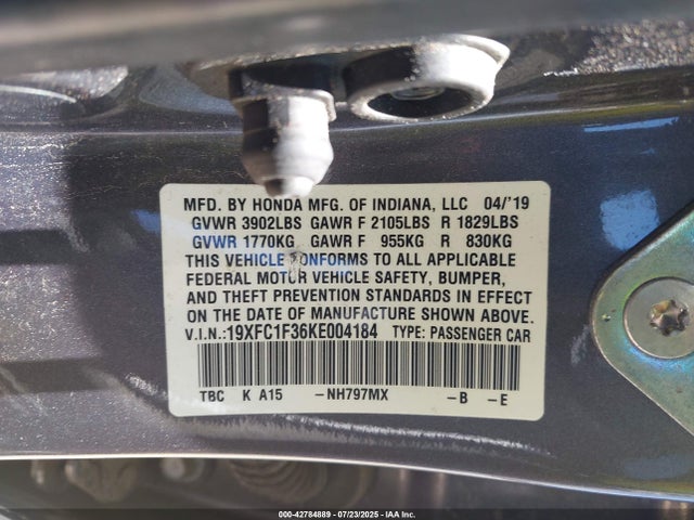 Honda l15b7/l15by 2019 19XFC1F36KE004184 Image 9