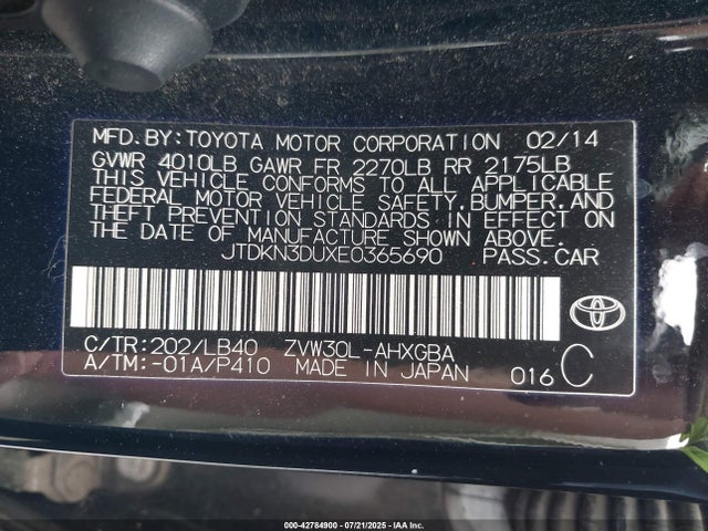 JTDKN3DUXE0365690 Toyota 2zr-fxe+3jm