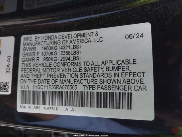 1HGCY1F36RA075565 Honda l15be