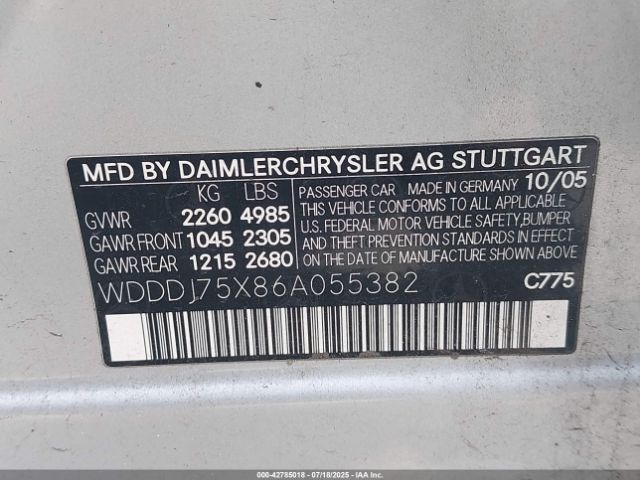 2006 MERCEDES-BENZ CLS 500 WDDDJ75X86A055382 Photo 8