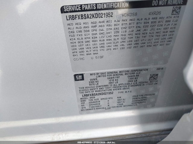 Buick lcv - spark ignited direct injection, variable valve timing, e85 max, e0-e100, alum 2019 LRBFXBSA2KD021952 Image 9