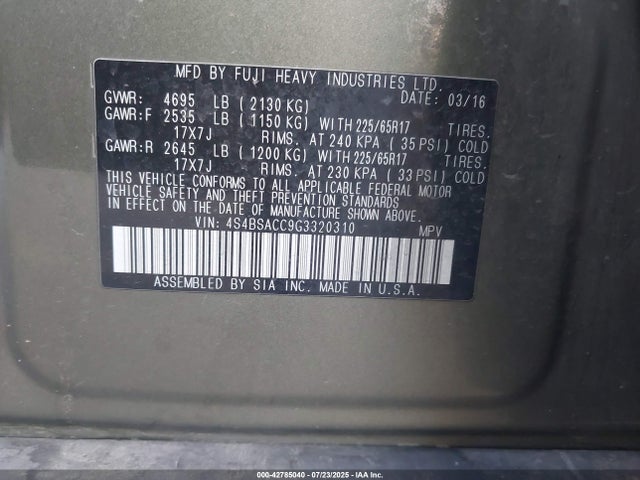 4S4BSACC9G3320310 Subaru 2.5l u5