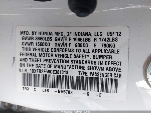 2012 HONDA CIVIC SDN 19XFB2F56CE381318 Photo 8