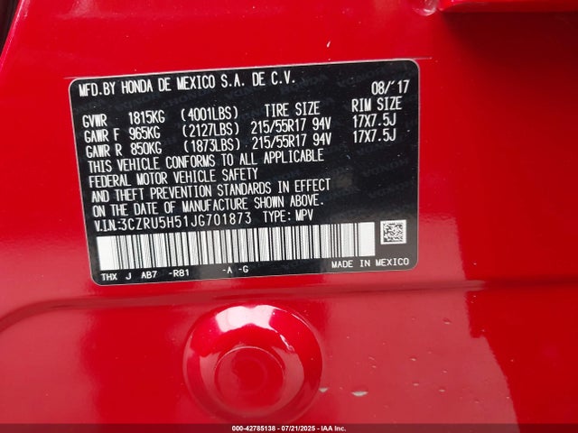 3CZRU5H51JG701873 Honda r18z9