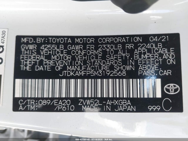JTDKAMFP5M3192568 Toyota 2zr-fxe, 1nm+1sm