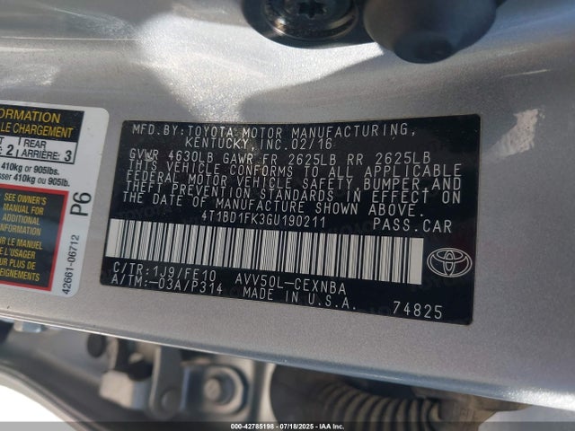 Toyota 2ar-fxe+2jm 2016 4T1BD1FK3GU190211 Image 9