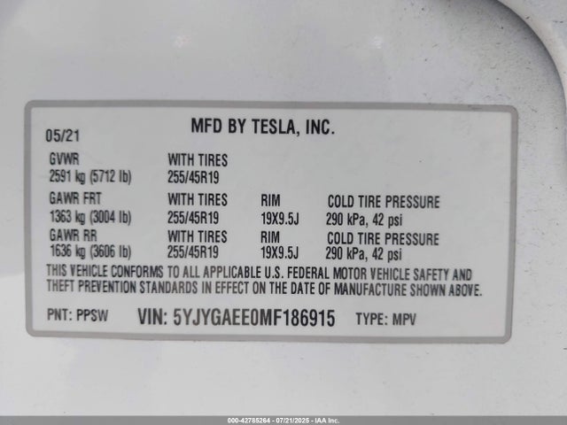 2021 TESLA MODEL Y 5YJYGAEE0MF186915 Photo 8