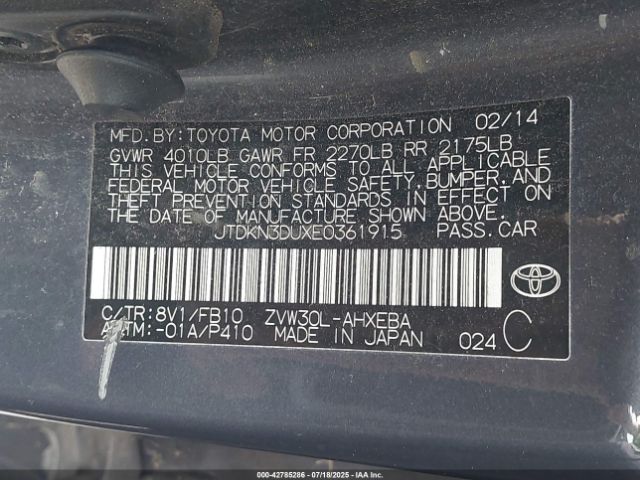 2014 TOYOTA PRIUS JTDKN3DUXE0361915 Photo 8