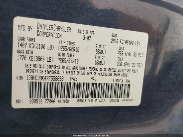 42785300 :رقم المزاد ، 1D8HD38K47F558098 vin ، 2007 Dodge Durango Sxt مزاد بيع