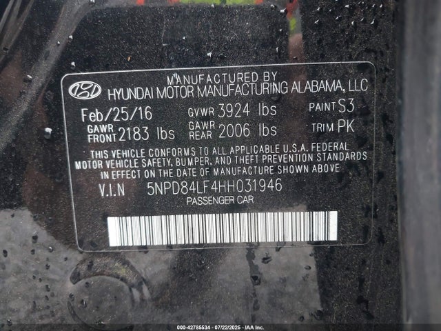 5NPD84LF4HH031946 Hyundai 2017