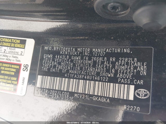 2008 Toyota Camry Solara Sle მანქანა იყიდება აუქციონზე, vin: 4T1FA38P48U146122, აუქციონის ნომერი: 42785612