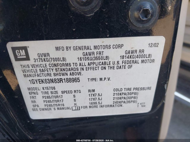 2003 CADILLAC ESCALADE 1GYEK63N83R188965 Photo 8