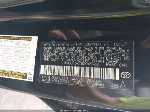 2008 TOYOTA CAMRY HYBRID JTNBB46K183045960 Photo 8