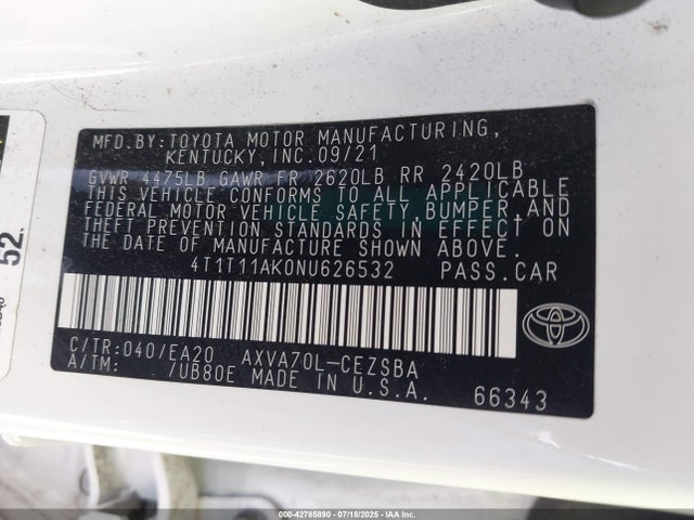 4T1T11AK0NU626532 Toyota a25a-fks