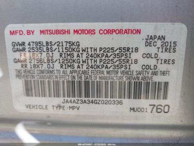 2016 MITSUBISHI OUTLANDER JA4AZ3A34GZ020336 Photo 8