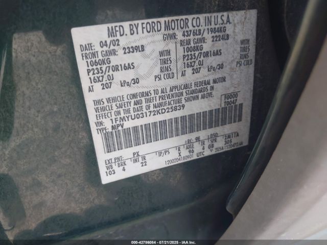 2002 FORD ESCAPE 1FMYU03172KD25839 Photo 8