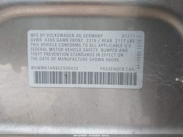 2012 VOLKSWAGEN CC WVWMN7AN8CE506432 Photo 8