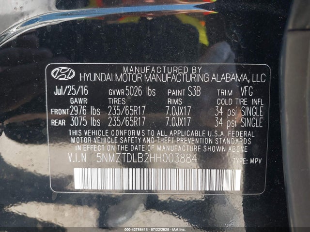 5NMZTDLB2HH003884 Hyundai gdi theta ii