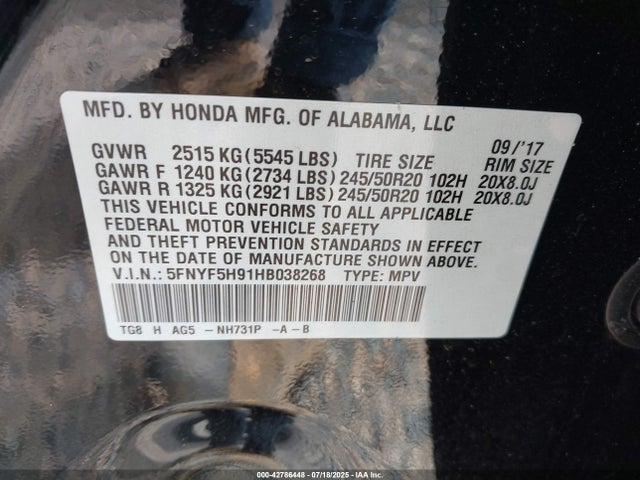 5FNYF5H91HB038268 Honda j35y6