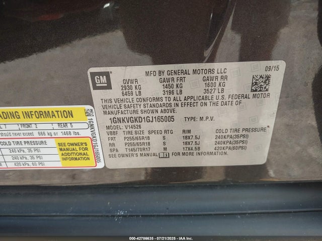 1GNKVGKD1GJ165005 Chevrolet llt - sidi, alum, 60 degrees