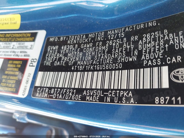 Toyota 2ar-fe 2016 4T1BF1FK1GU560050 Image 9