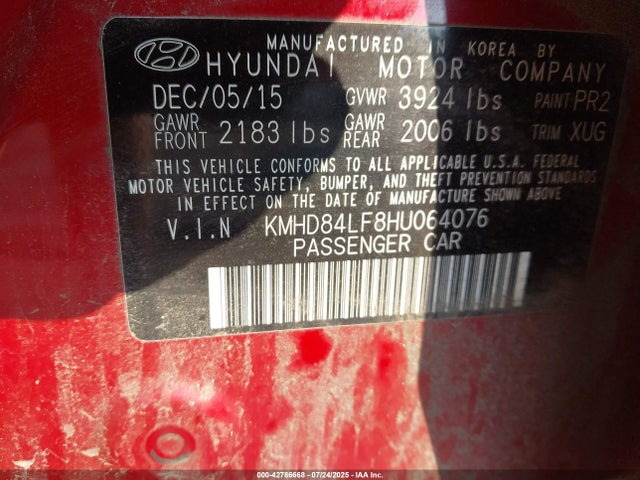 KMHD84LF8HU064076 Hyundai 2017
