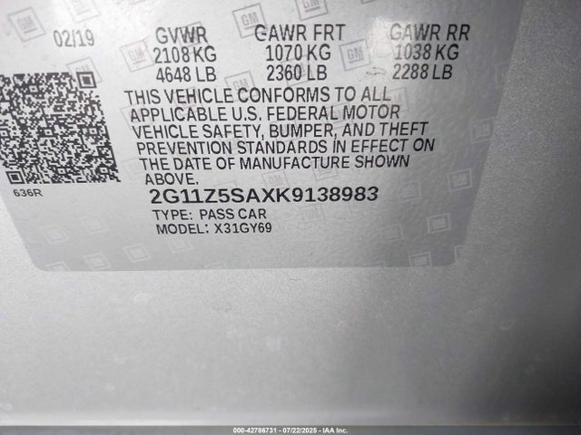 2G11Z5SAXK9138983 Chevrolet lcv - spark ignited direct injection, dcvcp, variable valve timing, e85 max, e0-e100, alum