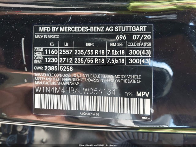 42786885 :رقم المزاد ، W1N4M4HB6LW056134 vin ، 2020 Mercedes-benz Glb 250 4matic مزاد بيع