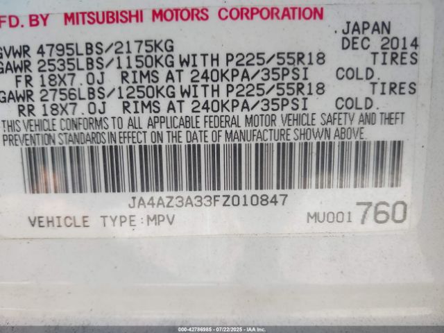 2015 MITSUBISHI OUTLANDER JA4AZ3A33FZ010847 Photo 8