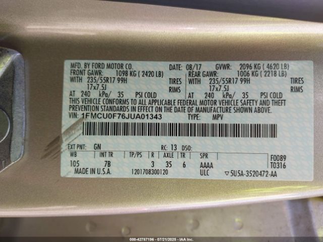 2018 FORD ESCAPE 1FMCU0F76JUA01343 Photo 8