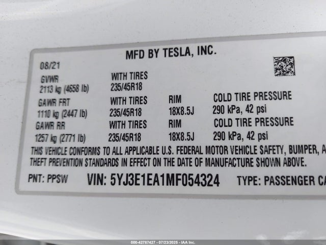 2021 TESLA MODEL 3 5YJ3E1EA1MF054324 Photo 8