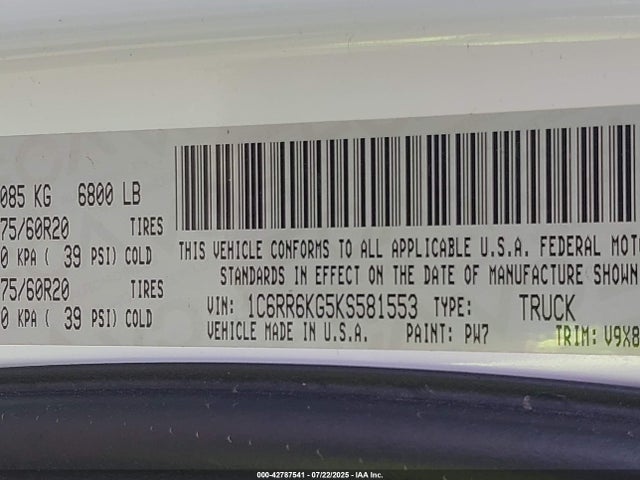 1C6RR6KG5KS581553 RAM 2019
