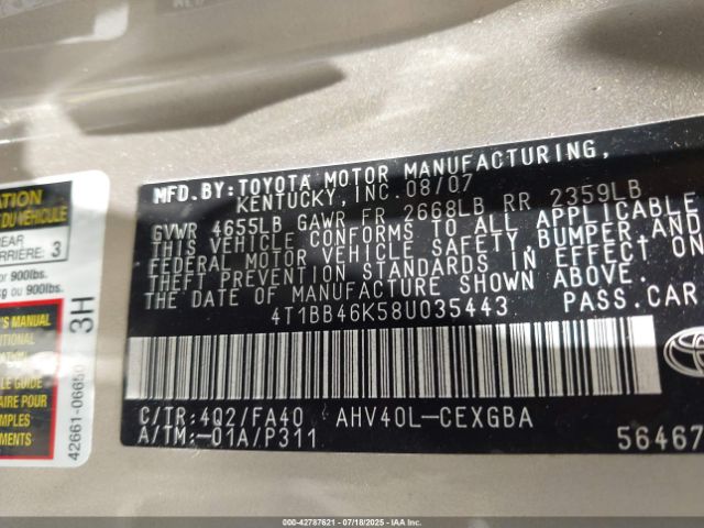 2008 TOYOTA CAMRY HYBRID 4T1BB46K58U035443 Photo 8
