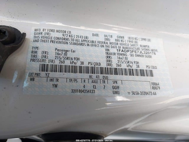 1FADP3FE7JL320178 Ford 1.0l gtdi