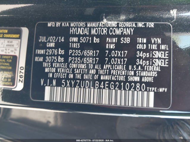 5XYZUDLB4EG210280 Hyundai gdi theta