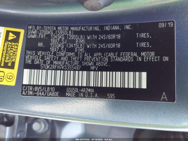 2019 TOYOTA HIGHLANDER 5TDKZRFH7KS355487 Photo 8