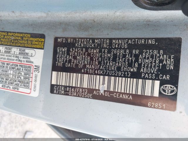 2007 TOYOTA CAMRY 4T1BE46K77U529213 Photo 8