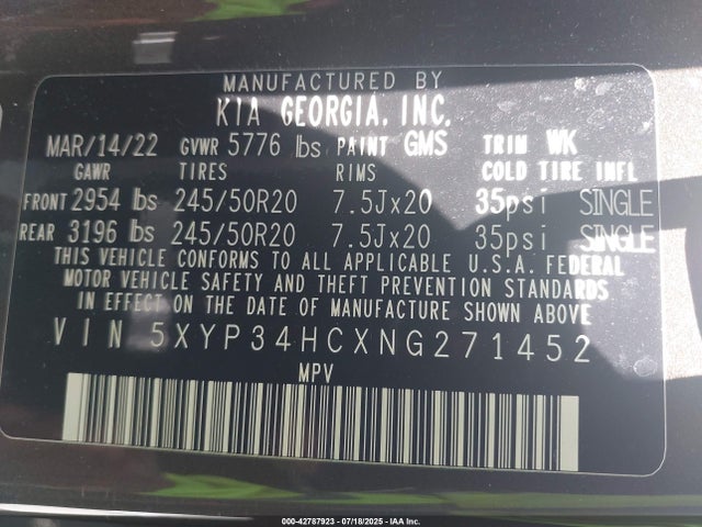 5XYP34HCXNG271452 KIA gdi lambda-ii