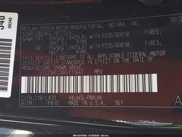 5TDZSKFCXRS111647 Toyota a25a-fxs