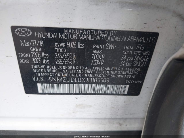 5NMZUDLBXJH105503 Hyundai gdi theta ii