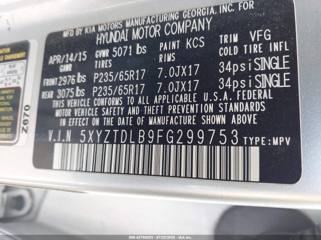 5XYZTDLB9FG299753 Hyundai dohc gdi theta ii