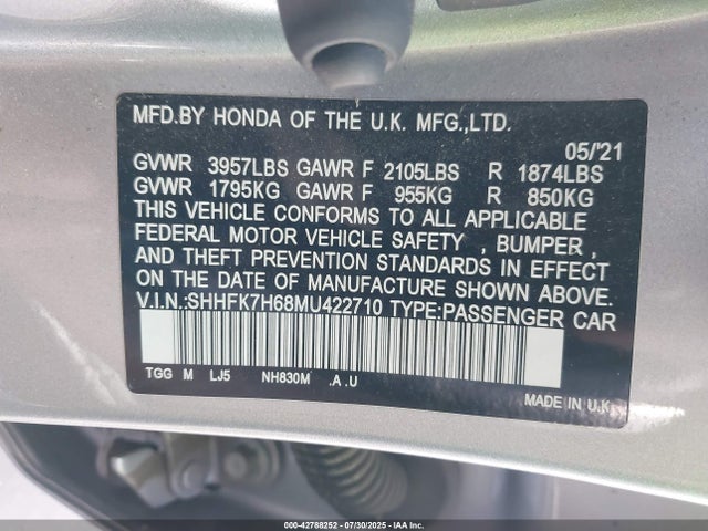 SHHFK7H68MU422710 Honda l15ba