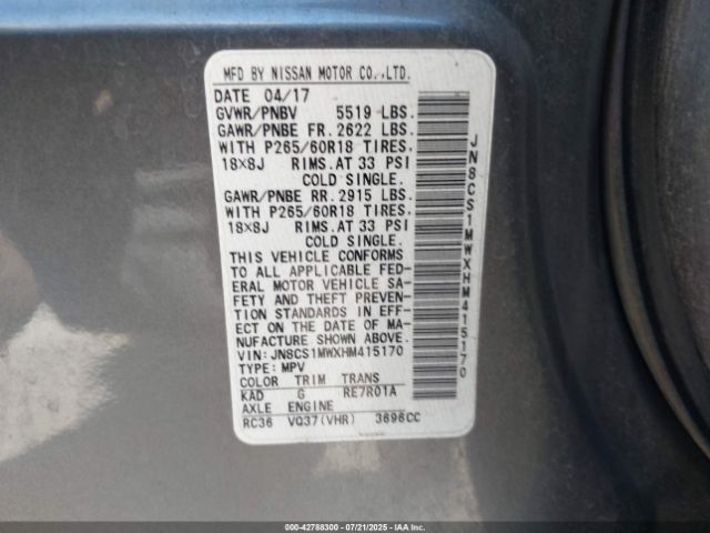 2017 INFINITI QX70 JN8CS1MWXHM415170 Photo 8