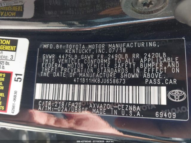 2018 TOYOTA CAMRY 4T1B11HK8JU658673 Photo 8