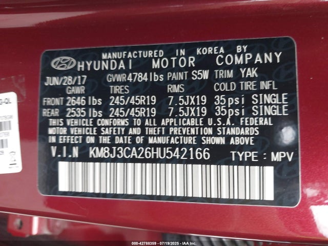 2017 Hyundai Tucson Sport მანქანა იყიდება აუქციონზე, vin: KM8J3CA26HU542166, აუქციონის ნომერი: 42788359