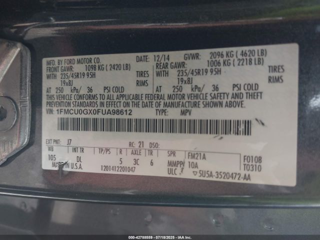 2015 FORD ESCAPE 1FMCU0GX0FUA98612 Photo 8