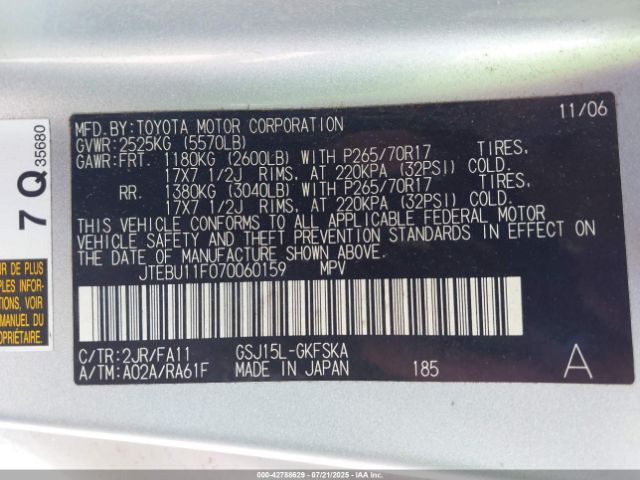 2007 TOYOTA FJ CRUISER JTEBU11F070060159 Photo 8