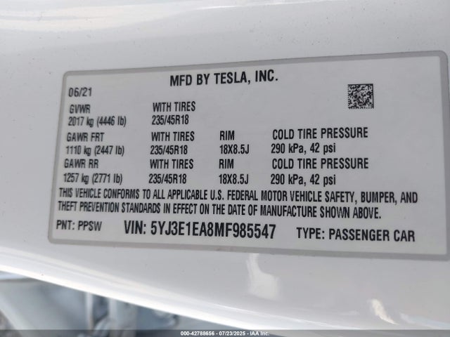 2021 TESLA MODEL 3 5YJ3E1EA8MF985547 Photo 8
