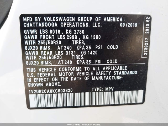 42788750 :رقم المزاد ، 1V2UR2CA8KC603320 vin ، 2019 Volkswagen Atlas 3.6l V6 Se W/technology مزاد بيع
